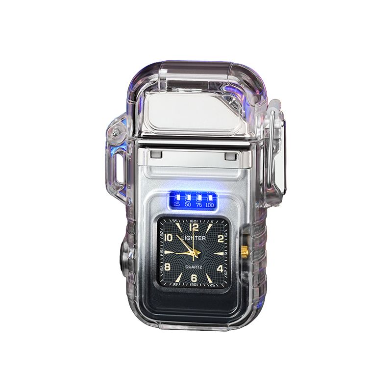 Transparent Colorful LED Arc Lighter with Flash Light & Clock